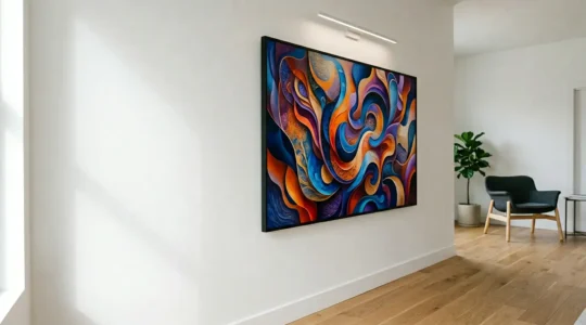 High-end digital canvas displaying NFT artwork in modern gallery setting with museum-quality screen technology