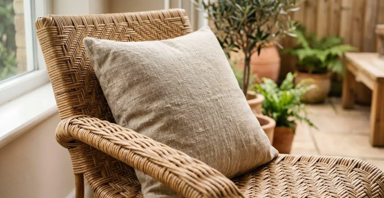 Close-up detail of a natural sustainable cushion resting on woven rattan chair showing texture contrast between soft fabric and intricate wicker weave