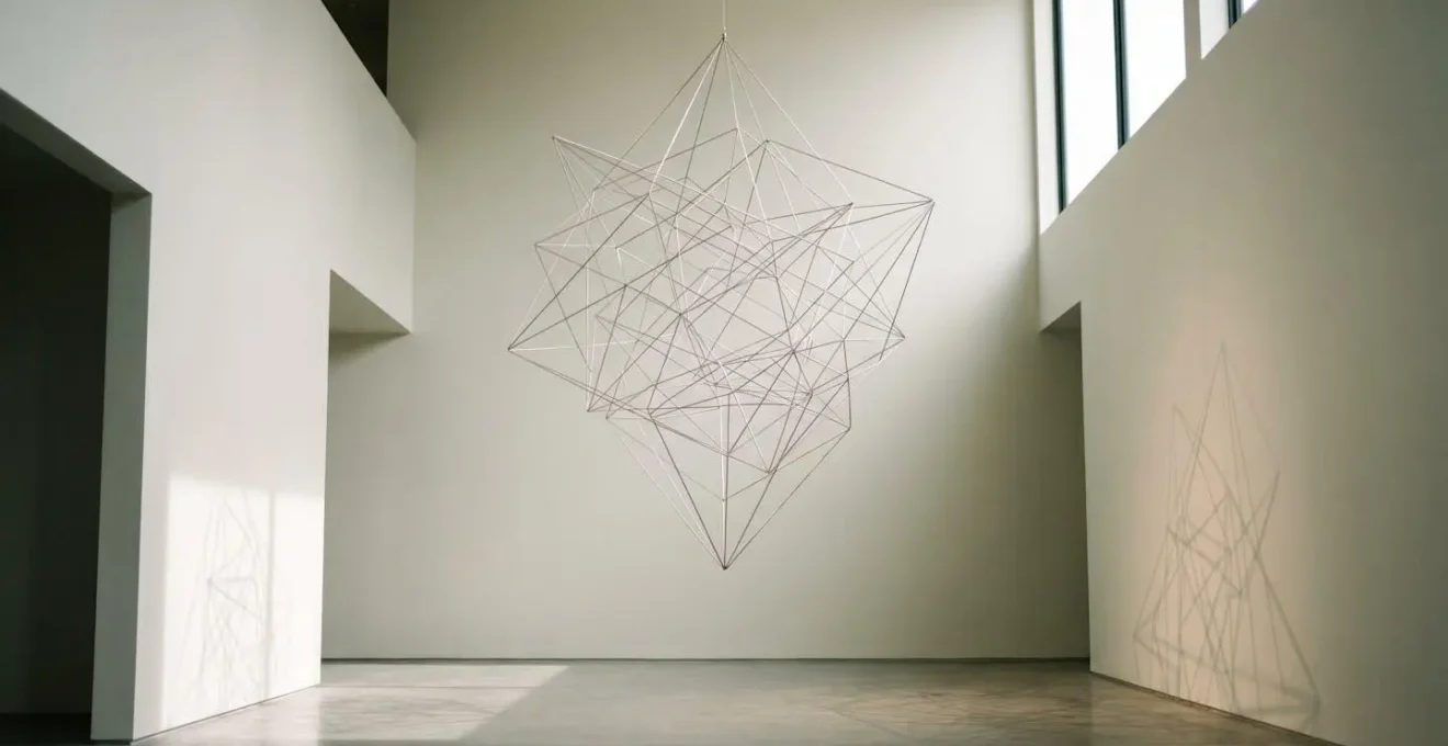 An ethereal wireframe sculpture suspended in a high-ceiling atrium, demonstrating how transparent art permits visual flow while maintaining commanding presence through form rather than mass