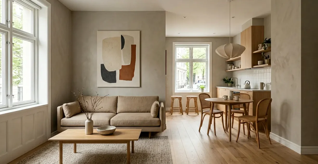 Modern compact living space with optimized furniture layout showing open flow pathways and smart zoning