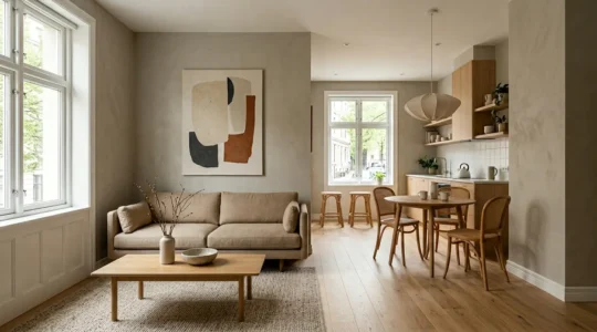 Modern compact living space with optimized furniture layout showing open flow pathways and smart zoning