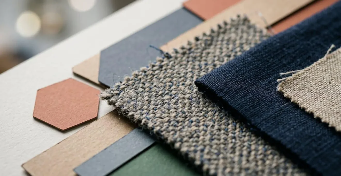 Detailed budget planning materials with fabric swatches and financial tracking elements arranged methodically on a designer workspace