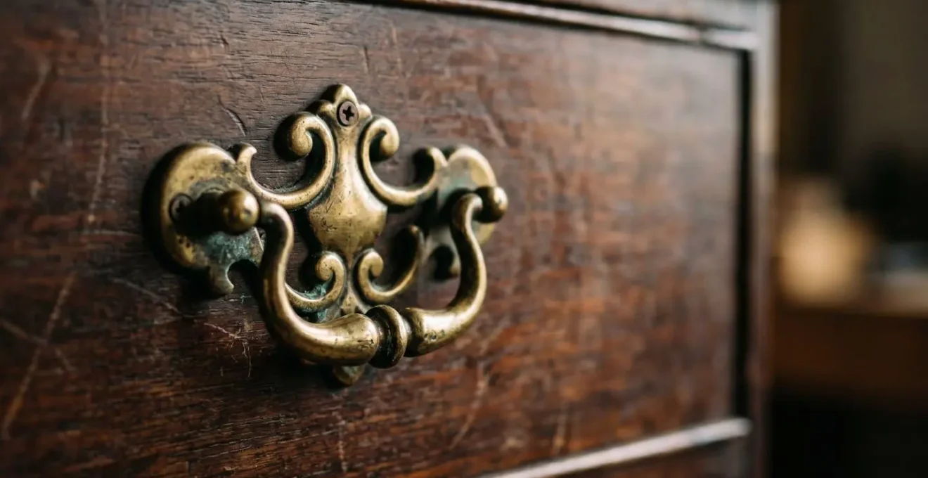 Aged brass hardware detail showing authentic patina and craftsmanship on a vintage drawer