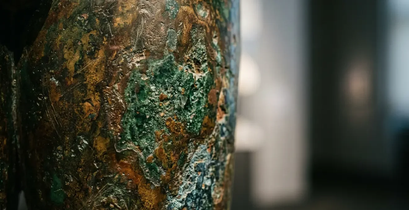Close-up detail of an antique bronze sculpture showcasing natural patina with rich brown and green tones, museum-quality preservation