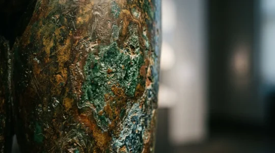 Close-up detail of an antique bronze sculpture showcasing natural patina with rich brown and green tones, museum-quality preservation