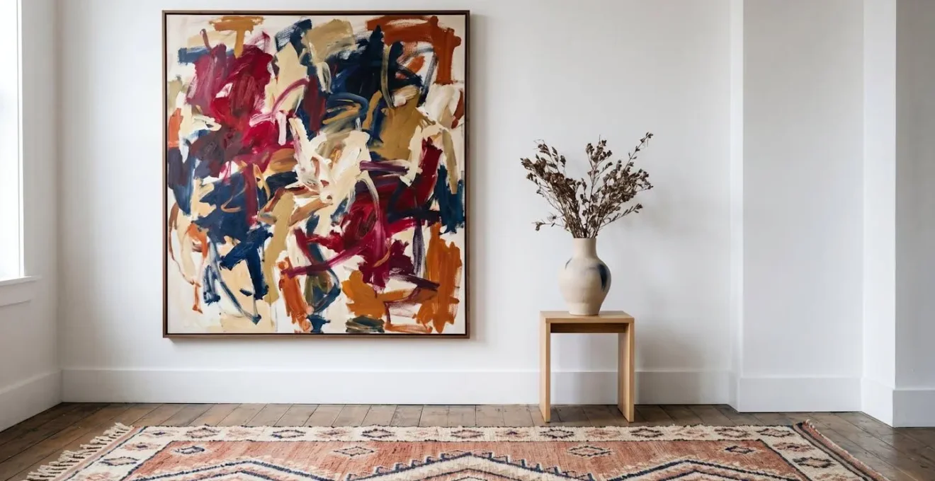Sophisticated layered interior showing abstract painting and patterned rug achieving visual harmony through shared color language and hierarchical balance