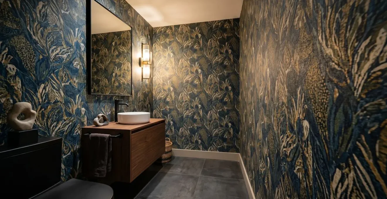 Small powder room with bold wallpaper illuminated by a layered lighting system showing tonal variation