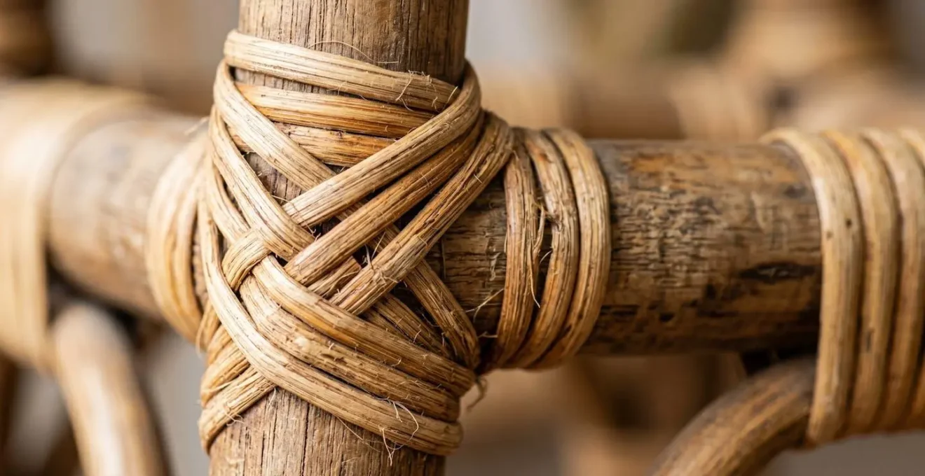 Extreme close-up of natural rattan binding wraps showing intricate fiber texture and weave pattern on furniture joint with shallow depth of field