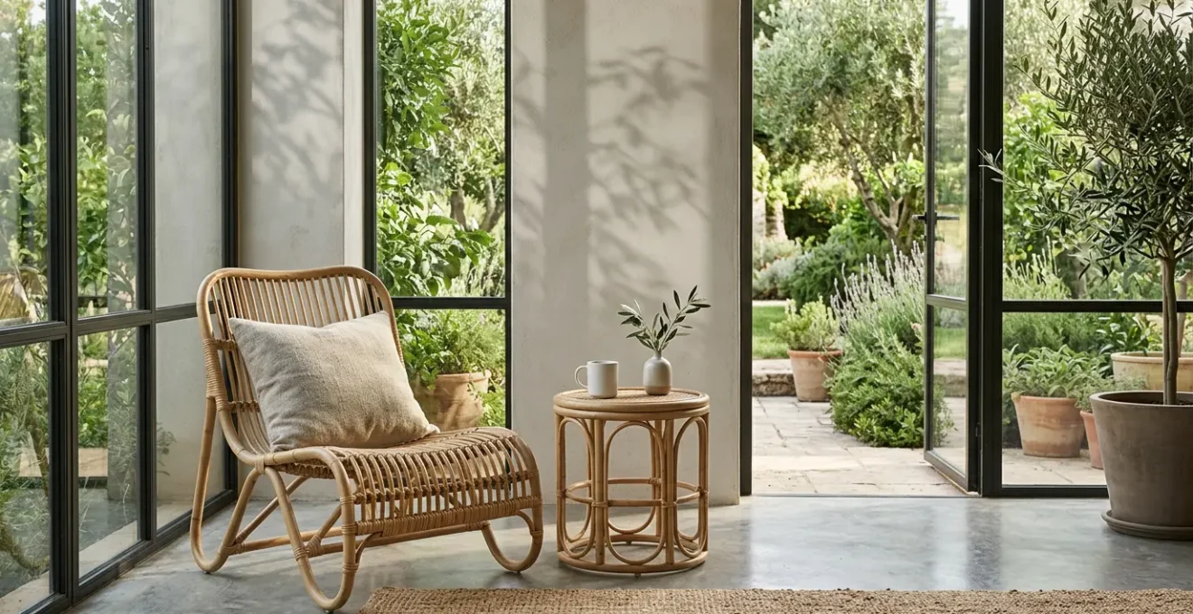 Natural rattan furniture arranged in a bright transitional sunroom space with floor-to-ceiling windows blending indoor comfort with outdoor aesthetics