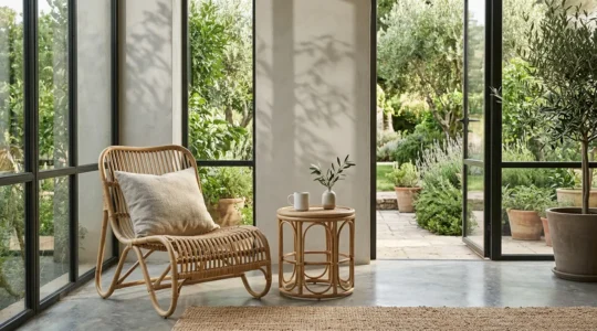 Natural rattan furniture arranged in a bright transitional sunroom space with floor-to-ceiling windows blending indoor comfort with outdoor aesthetics