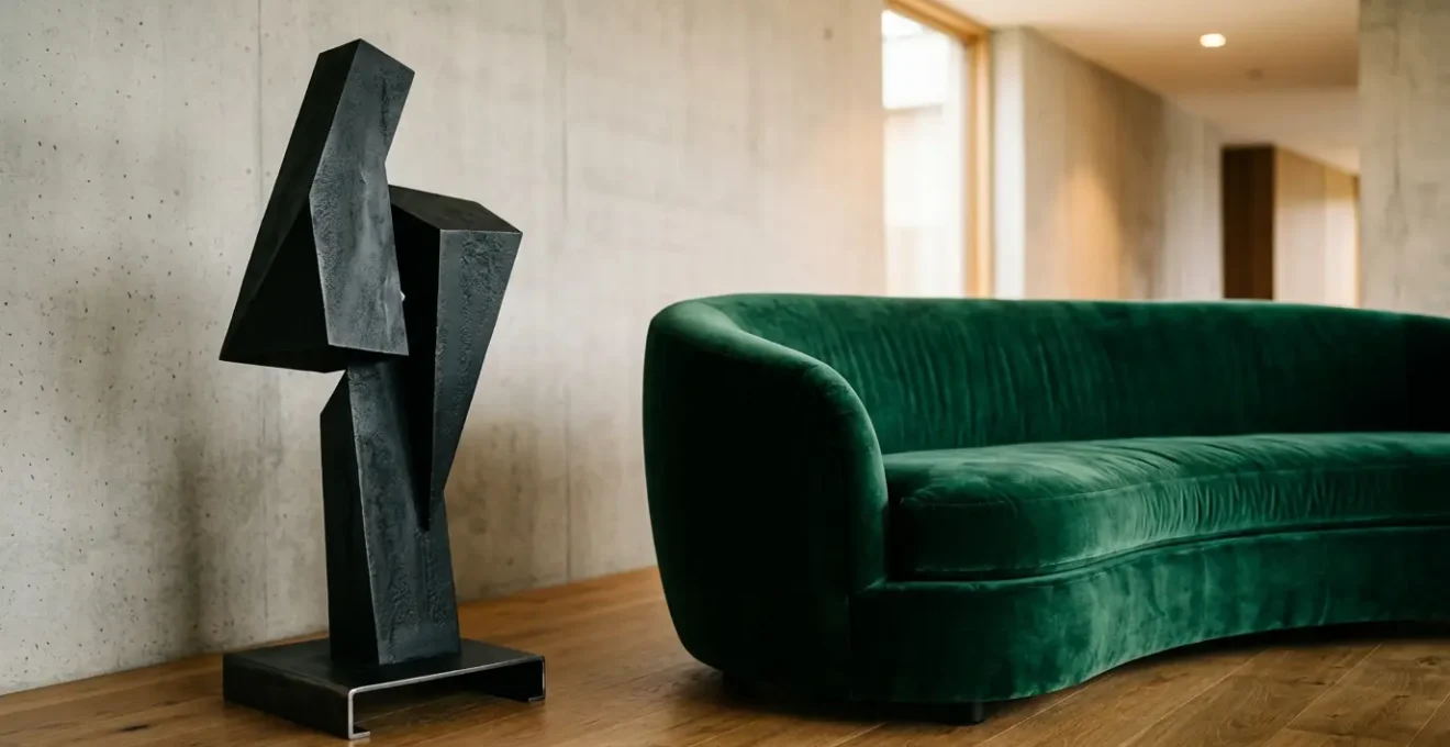 Raw steel sculpture creating material contrast with plush velvet furniture in modern luxury interior