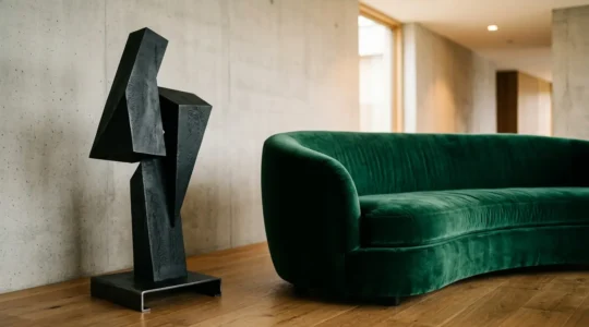 Raw steel sculpture creating material contrast with plush velvet furniture in modern luxury interior