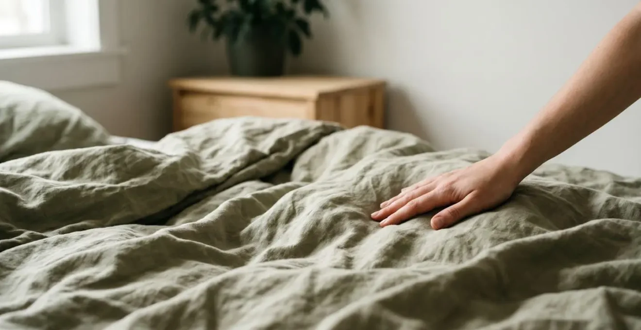 Naturally rumpled linen bedding in relaxed bedroom setting embracing imperfection
