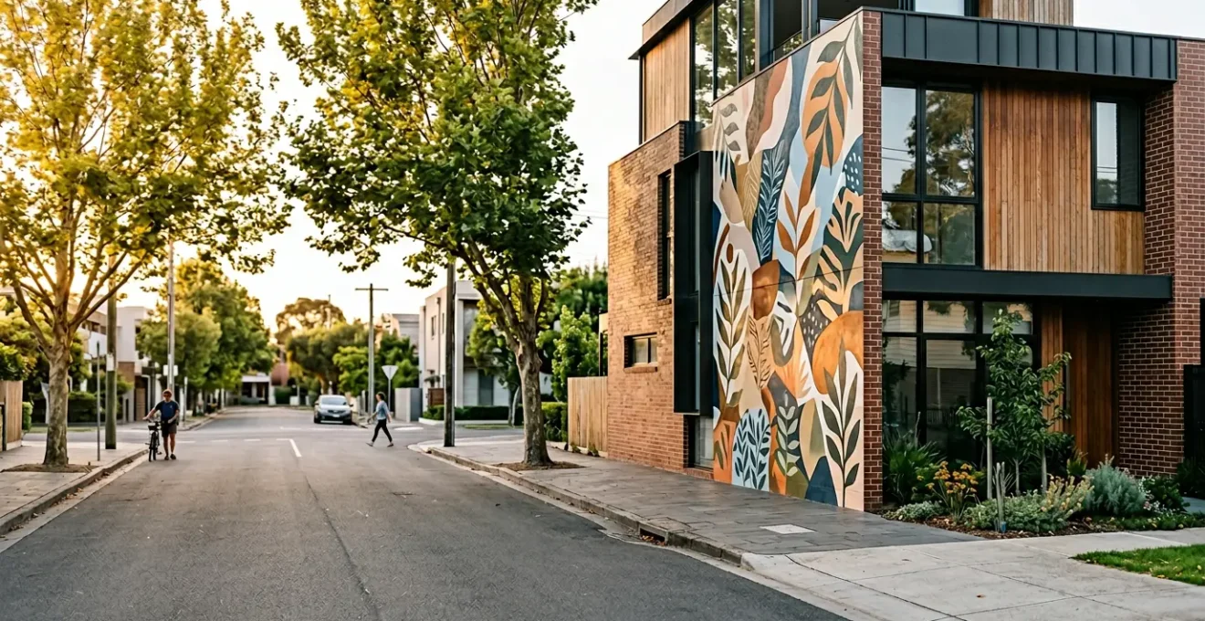 Vibrant residential neighborhood wall featuring commissioned mural artwork with natural lighting and urban architectural context