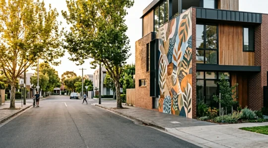 Vibrant residential neighborhood wall featuring commissioned mural artwork with natural lighting and urban architectural context