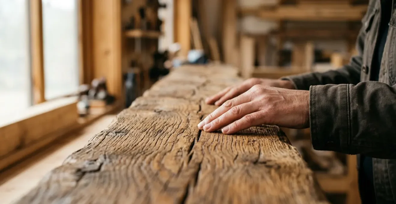 Close-up view of skilled hands gently examining aged wooden beam surface showing natural grain texture and historical character