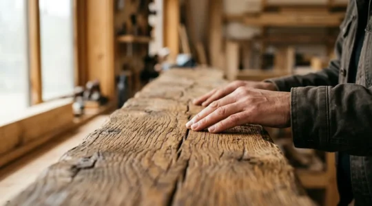 Close-up view of skilled hands gently examining aged wooden beam surface showing natural grain texture and historical character