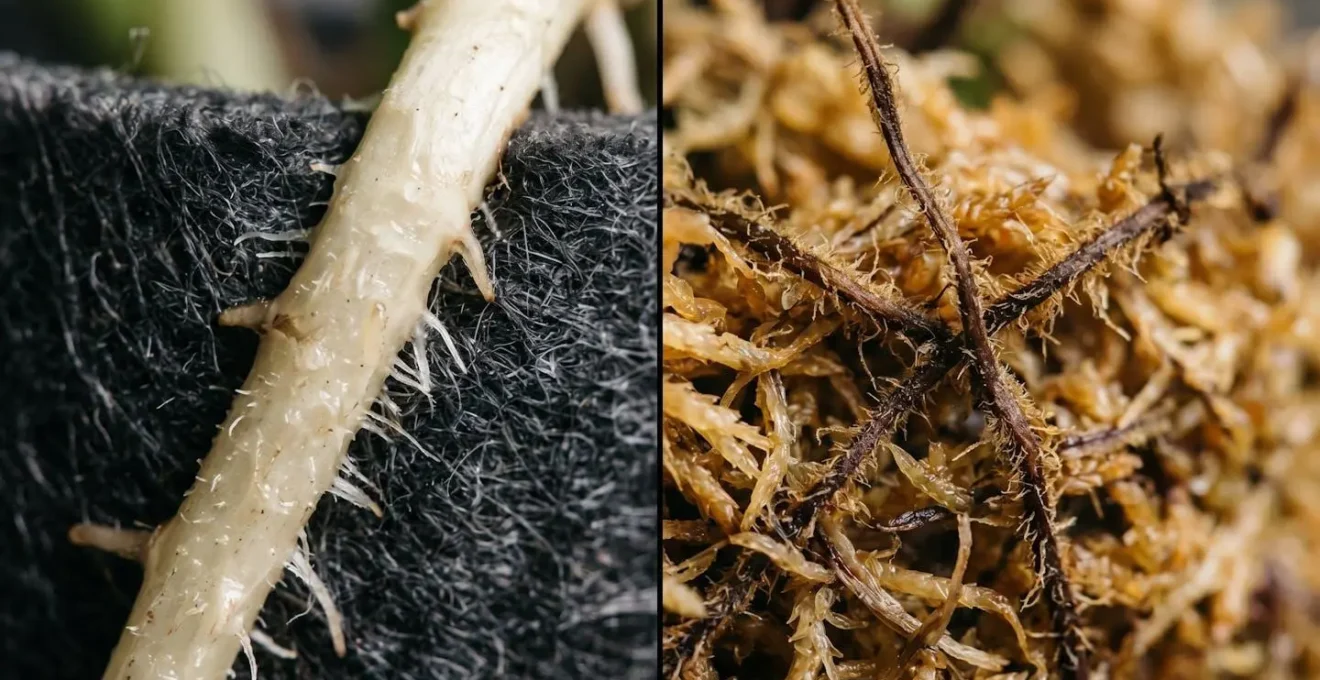 Macro close-up comparison of pothos aerial roots and fern rhizome structures in vertical growing medium