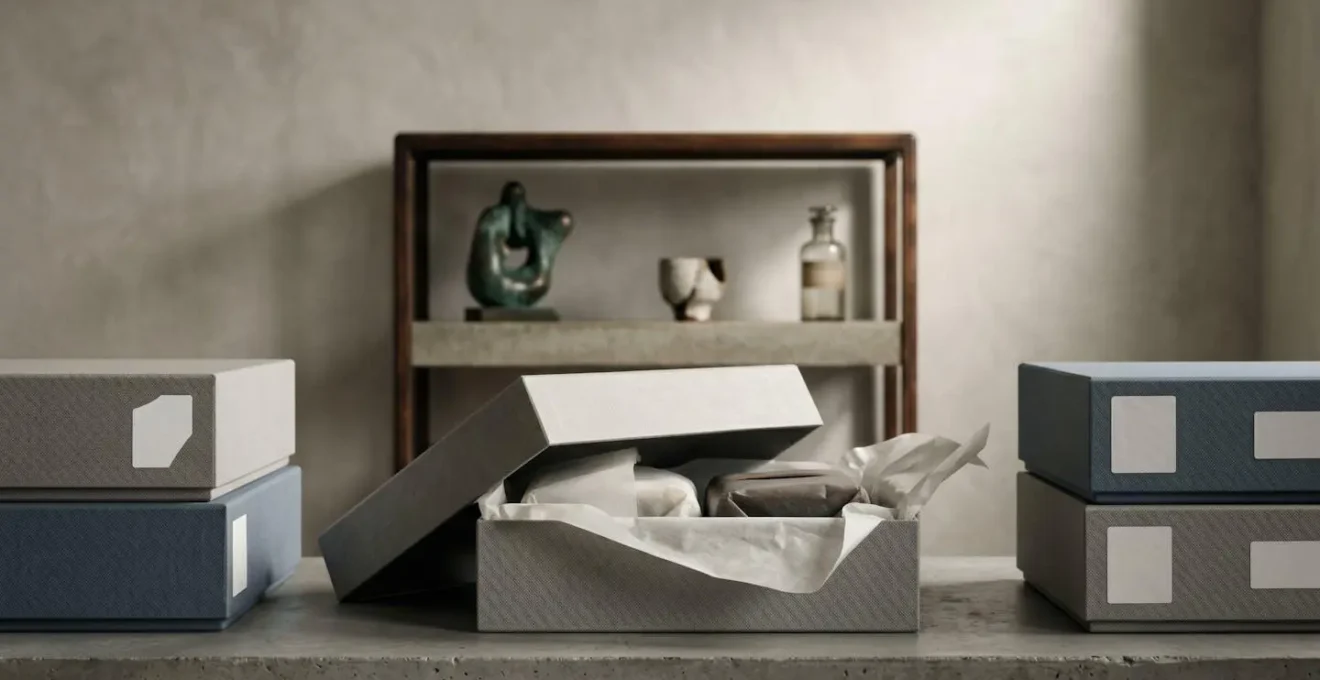 A professional photograph showing a carefully organized archival storage system with acid-free boxes and cataloged artifacts awaiting rotation in a museum-style collection management setup