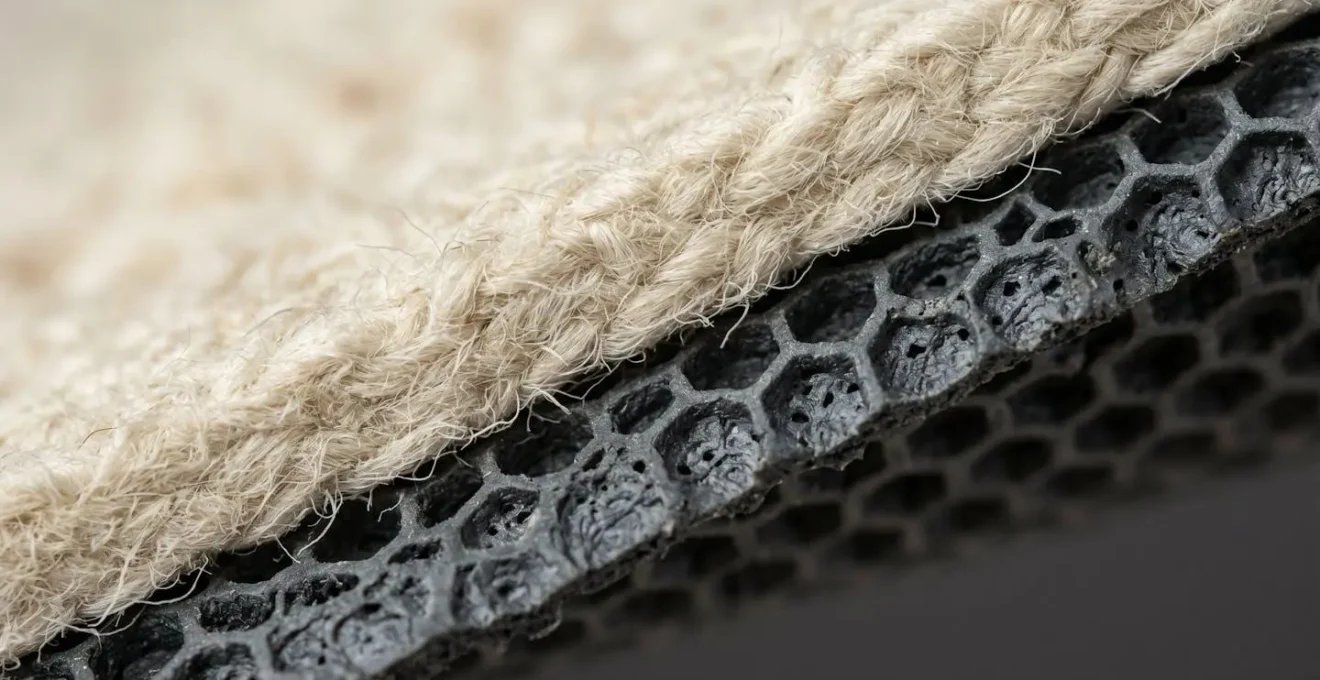 Extreme close-up macro photograph showing felt and rubber rug pad material layers and texture