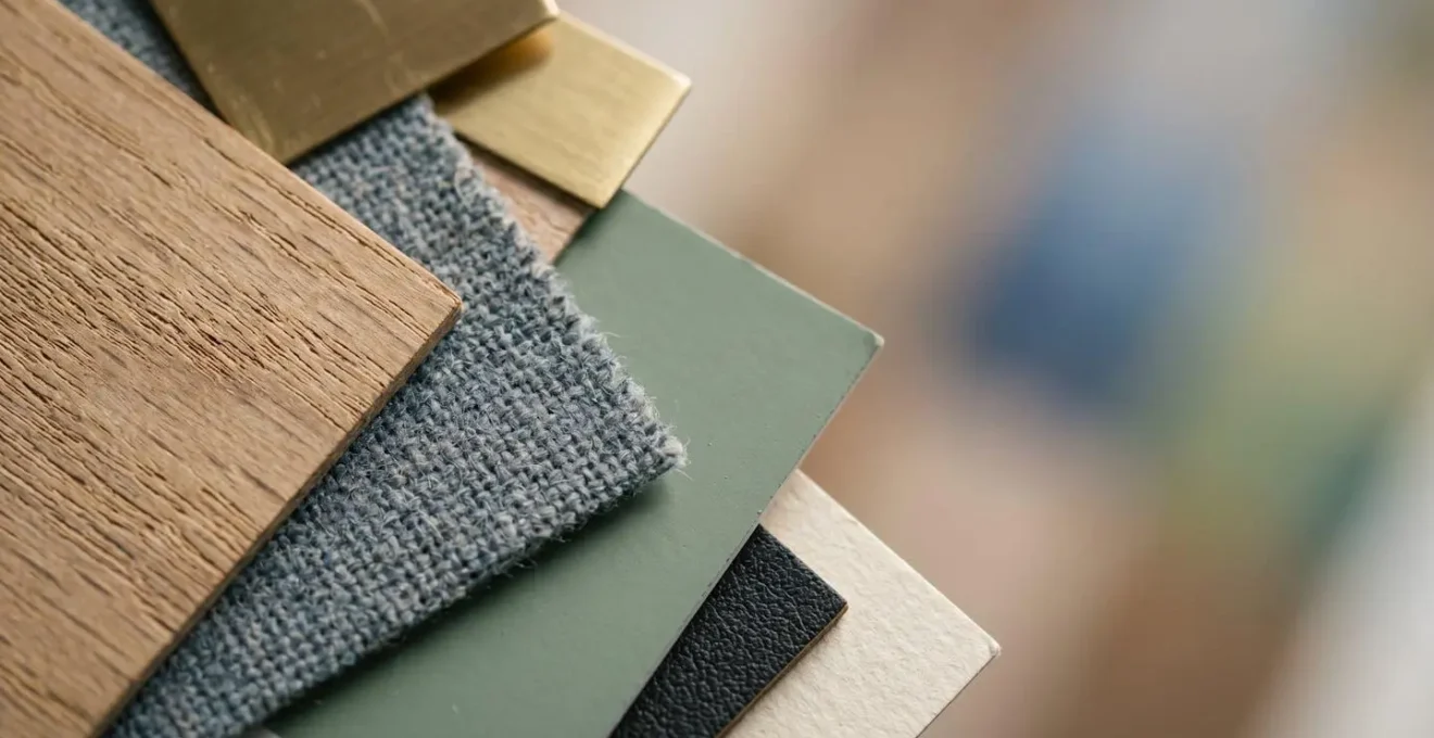Close-up macro photograph of construction materials and design samples showing layered decision-making complexity with shallow depth of field