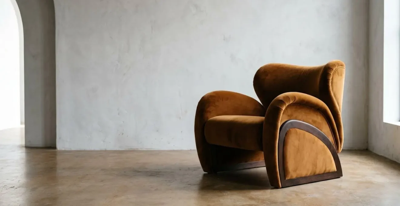 A striking sculptural armchair positioned as the sole focal point in a minimalist interior, demonstrating three-dimensional form and dramatic presence
