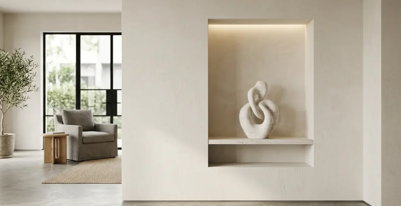 Professional photograph of a modern architectural niche with sculptural display illuminated by precise museum-grade lighting