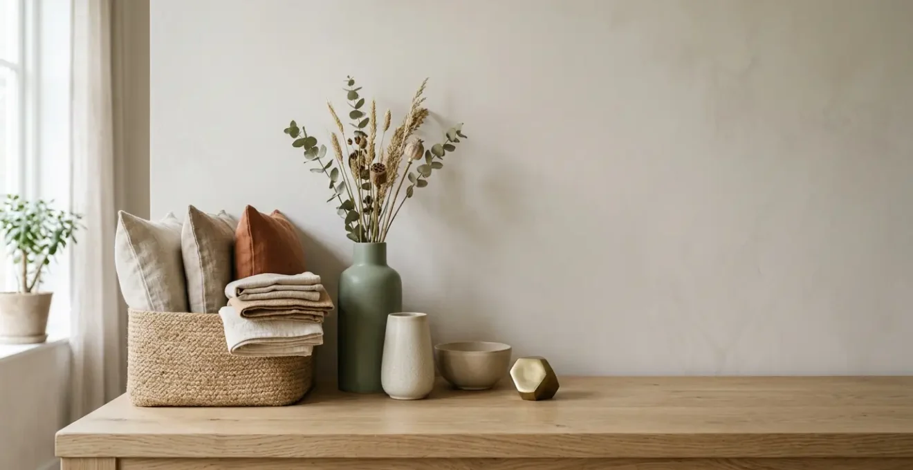 Minimalist seasonal home decor capsule collection with versatile neutral textiles and natural elements arranged in a single storage box