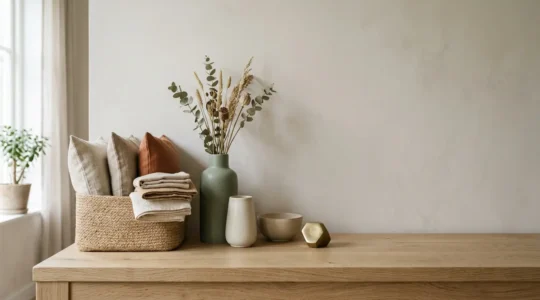 Minimalist seasonal home decor capsule collection with versatile neutral textiles and natural elements arranged in a single storage box