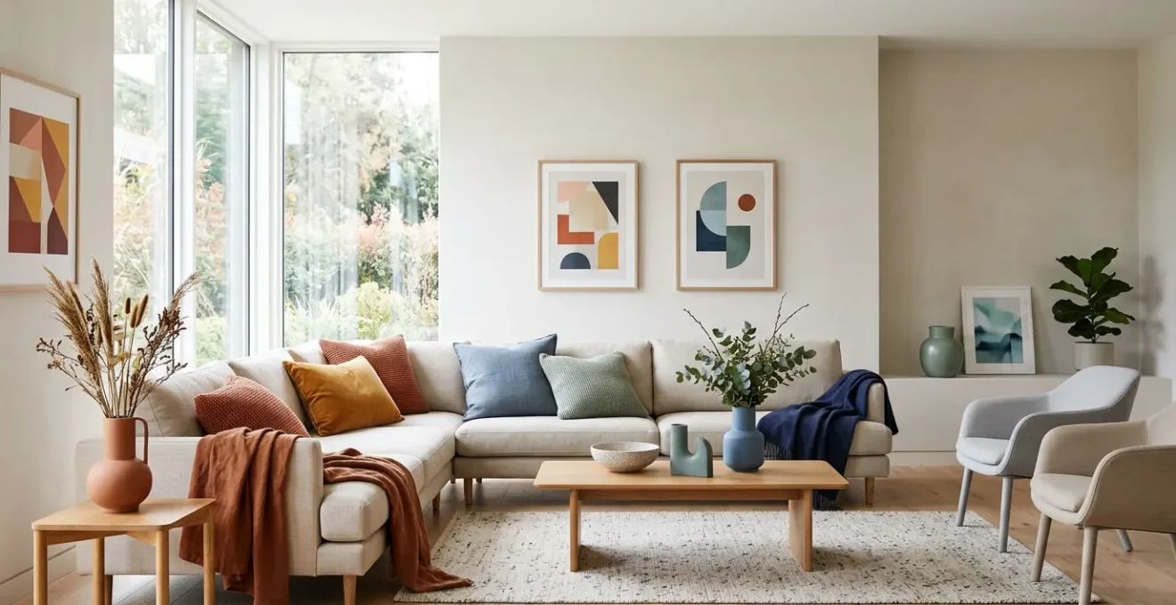 Modern living room showcasing seasonal color palette transitions through textiles and decor accents