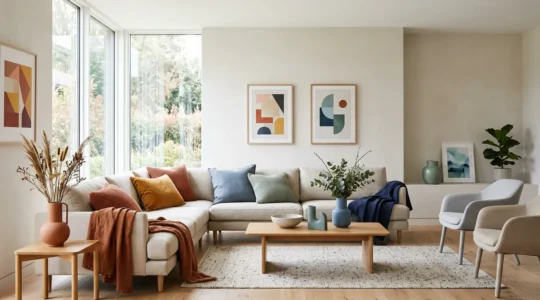 Modern living room showcasing seasonal color palette transitions through textiles and decor accents