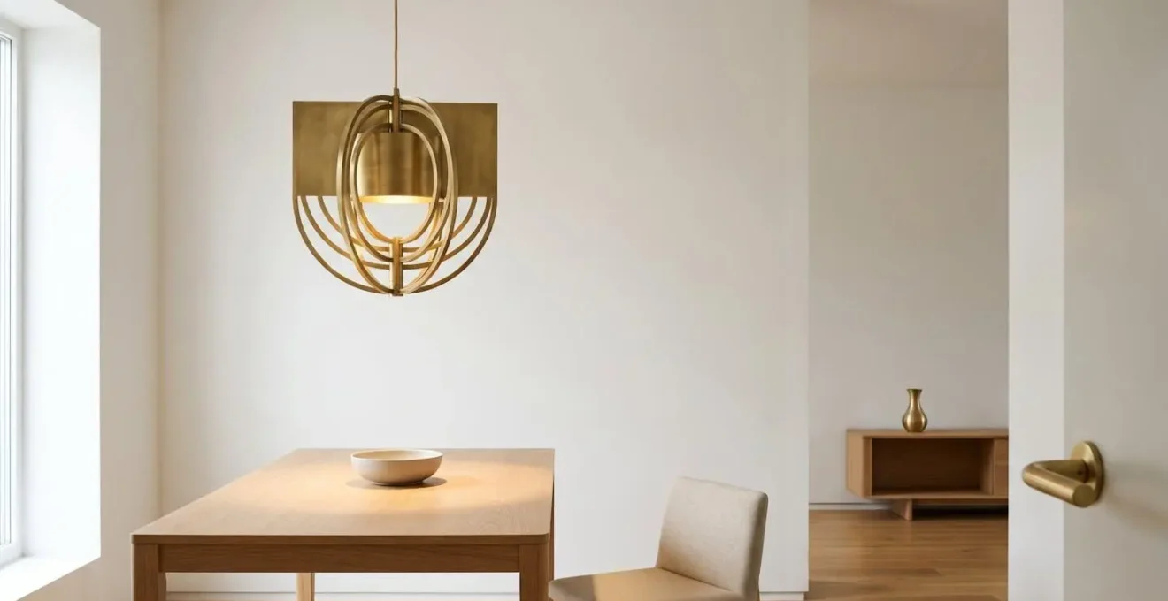 A wide view of a minimalist room where a single, dramatic pendant light hangs as a central anchor, surrounded by ample negative space and echoed by subtle brass details elsewhere in the room.