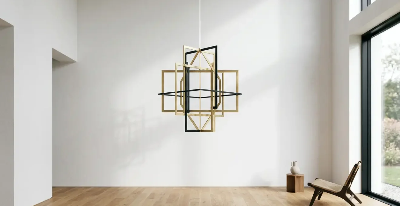 Large sculptural pendant light fixture suspended in minimalist white interior space with natural light and negative space