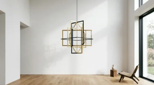 Large sculptural pendant light fixture suspended in minimalist white interior space with natural light and negative space