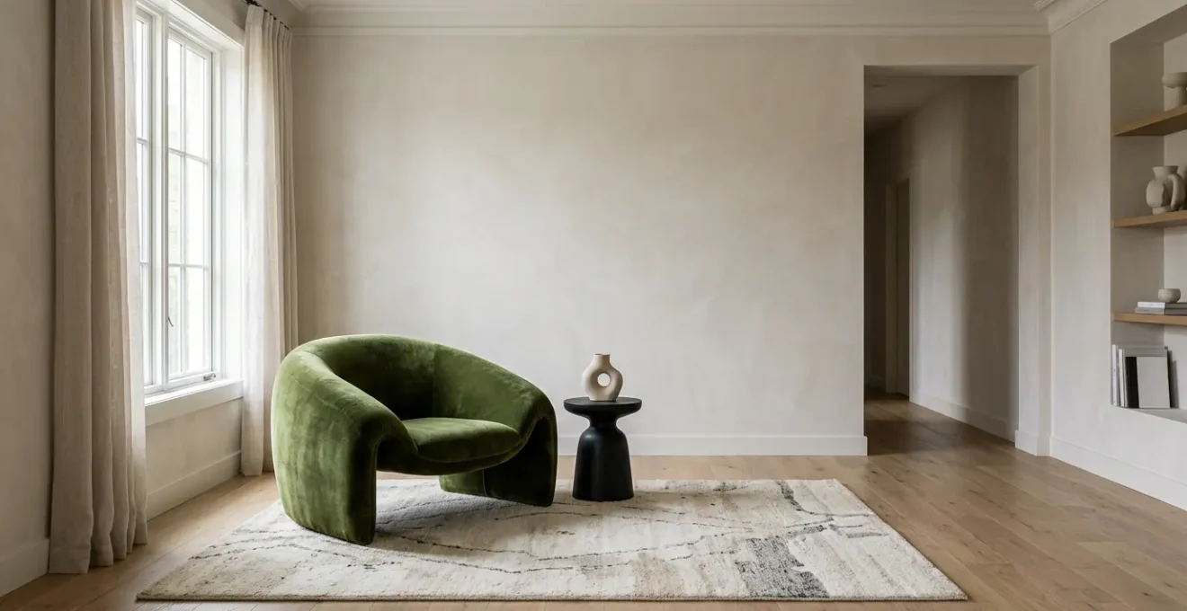 A carefully curated living space featuring a single bold statement furniture piece surrounded by intentional negative space, demonstrating perfect visual balance and proportion
