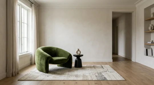 A carefully curated living space featuring a single bold statement furniture piece surrounded by intentional negative space, demonstrating perfect visual balance and proportion