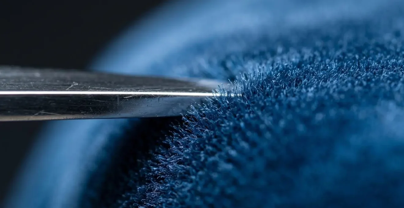 Extreme close-up showing textural contrast between polished metal surface and deep pile velvet fabric