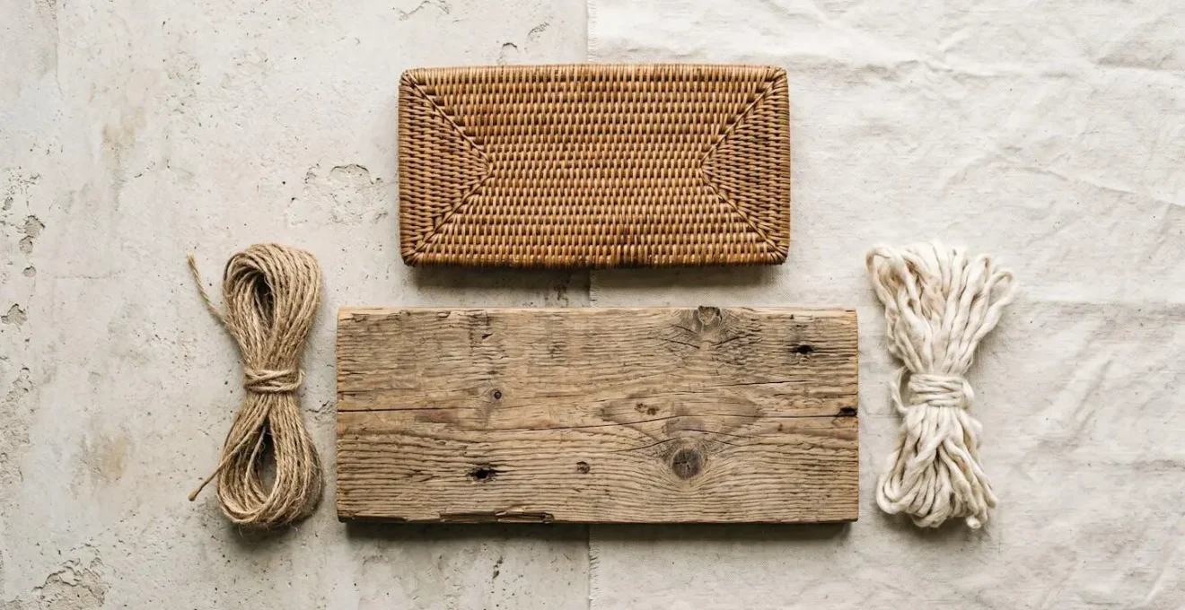 Artistic arrangement of natural sustainable materials including rattan fiber, reclaimed wood grain, and organic textiles showing earth-tone textures and eco-friendly design elements