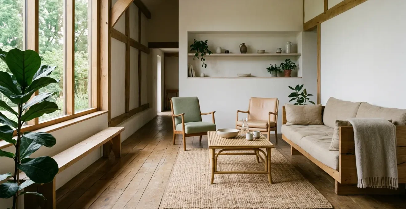 Eco-friendly home interior showcasing recycled and sustainable decor materials with natural textures