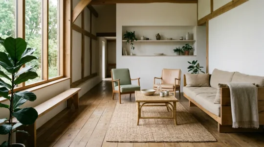 Eco-friendly home interior showcasing recycled and sustainable decor materials with natural textures