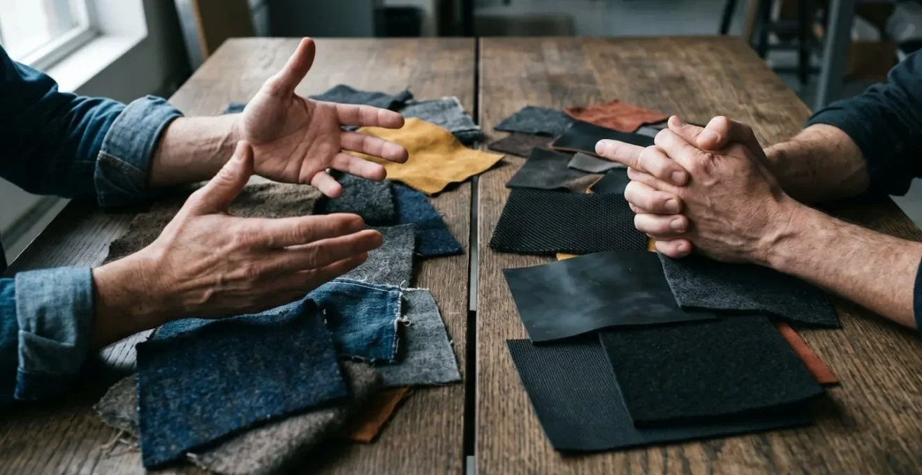 Close-up of hands showing contrasting body language during a design consultation, conveying communication tension and misalignment