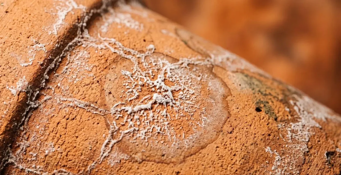 Unsealed terracotta surface showing natural patina development with mineral deposits and texture variations