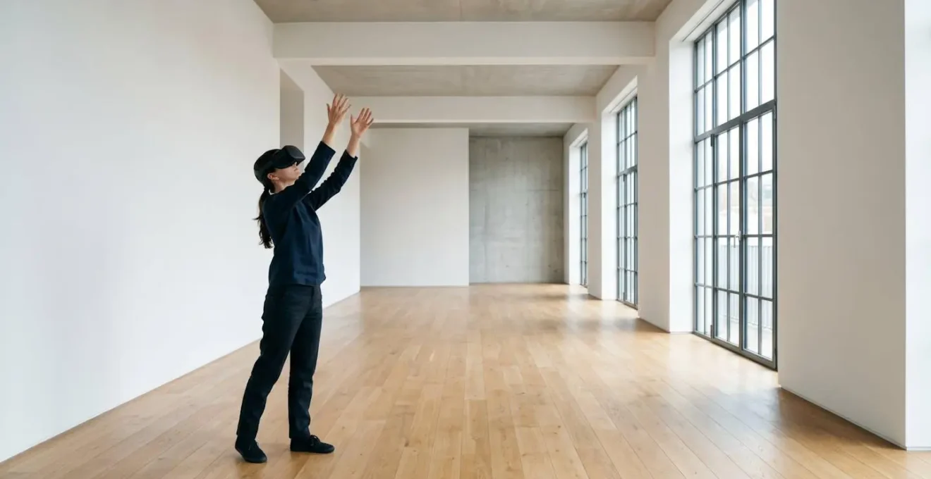 Person in VR headset physically reaching toward virtual kitchen cabinets to test ergonomic height