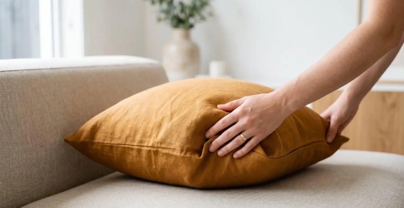 Soft focus image of hands smoothing a new textured cushion cover in warm seasonal tones creating a fresh atmosphere