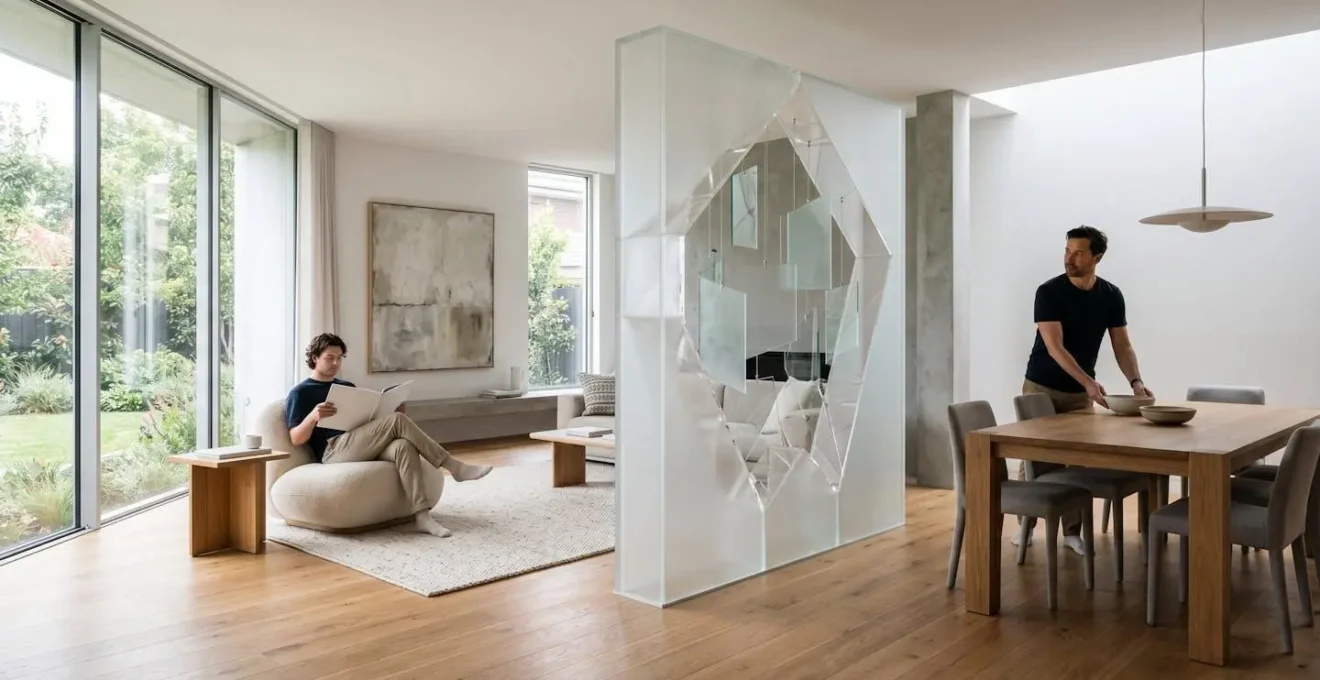 A luminous glass or acrylic sculptural installation in an open-plan living space, demonstrating how visually light artwork maintains sightlines while creating subtle spatial definition between functional zones