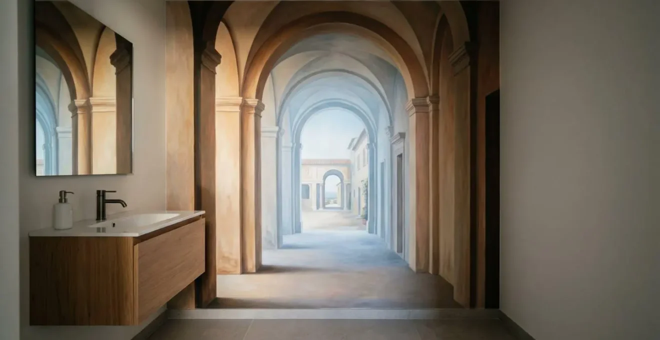 Powder room featuring a trompe-l'oeil mural creating a convincing depth illusion and spatial expansion