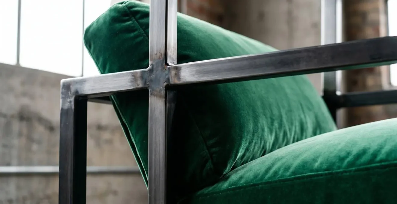 Close-up of deep velvet upholstered cushion against brushed steel furniture frame showing dramatic material contrast and textural juxtaposition