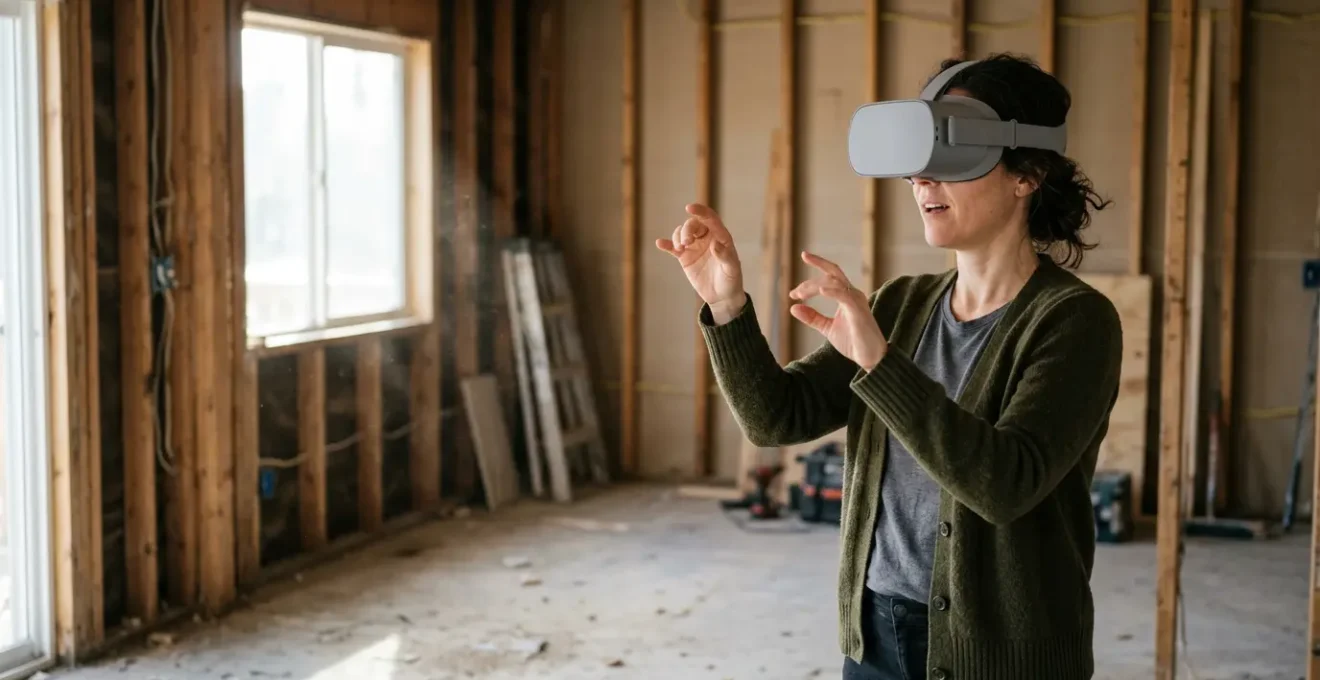 Homeowner testing virtual reality home renovation design before construction begins