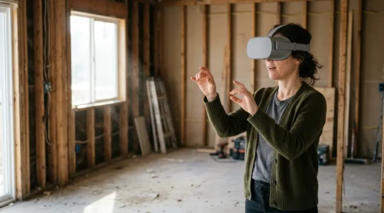 Homeowner testing virtual reality home renovation design before construction begins
