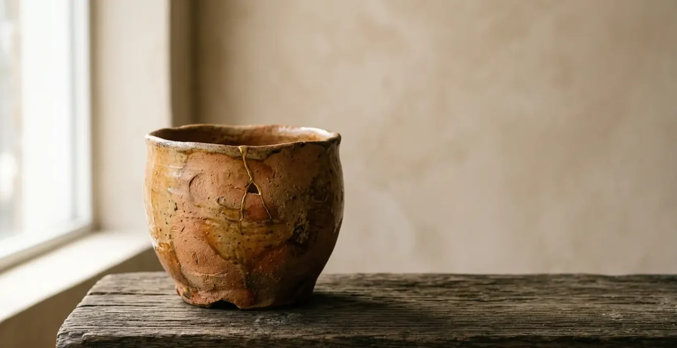 Handcrafted ceramic vessel with natural imperfections and organic patina showcasing wabi-sabi aesthetic
